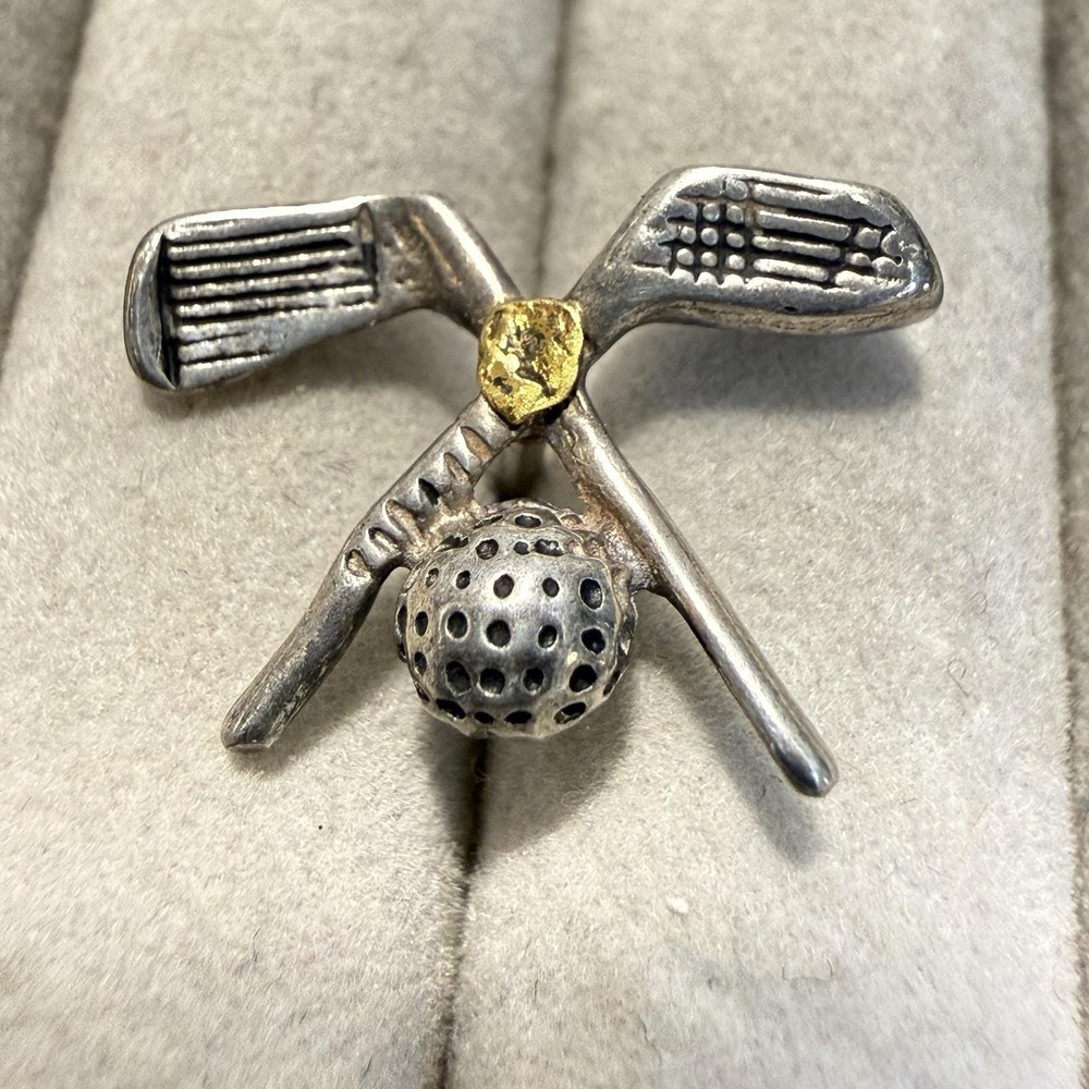 Vintage Sterling Silver 22k GOLD Nugget Golf Club & Ball Lapel Pin Tie Tack